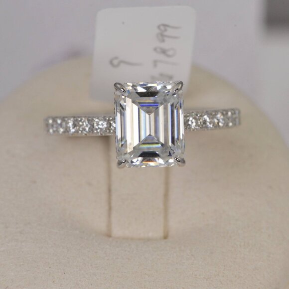 Certified 4.6ct Emerald Cut with Hidden Halo Moissanite Ring 925 Sterling - Picture 9 of 16